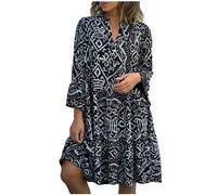 Women V Neck 3/4 Sleeve Midi Dress Vintage Ethnic Print Ruffle Casual Short Dresses Loose Beach Holiday Sundress Ladies Plus Size Summer Casual Dresses UK Sale Clearance Plus Size 8-22