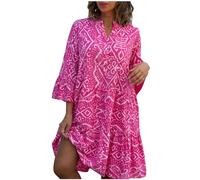Women V Neck 3/4 Sleeve Midi Dress Vintage Ethnic Print Ruffle Casual Short Dresses Loose Beach Holiday Sundress Ladies Plus Size Summer Casual Dresses UK Red