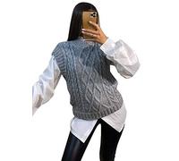 Women V Neck Cable Knitted Vest Ladies Sleeveless Sweater Plain High Neck Knit Tank Top Charcoal UK 12