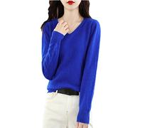 Women V-Neck Cashmere Sweater Loose Pullover Basic Knitwear Top Blue