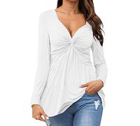 Women V-Neck Front Knotted Blouse Shirt Long Sleeve Elegant Casual T-Shirt Solid Color Pullover Tops Swing Tunic Tees (White, XXL)