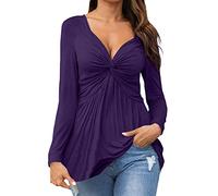 Women V-Neck Front Knotted Blouse Shirt Long Sleeve Elegant Casual T-Shirt Solid Color Pullover Tops Swing Tunic Tees (Purple, XXL)