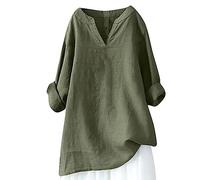 Women V Neck Linen Tunic Plus Size Roll Up Sleeve Shirts Casual Longline Tunics Top Baggy Long Sleeve Blouses Elegant Drop Shoulder Sleeves Shirt to wear with Skirts Lightweight Cozy Blouse