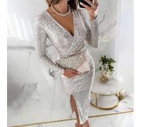 Women V Neck Long Sleeve Sequin Bodycon Dress With Side Slit For Evening And Parties(L Silver)
