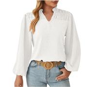 Women V Neck Long Sleeve Shirts Swiss Dots Chiffon Blouse Summer Ruched Swing Pleated Tops Casual Loose Fit T Shirt Ladies Elegant Work Office Blouses Solid Color Hidden Belly Tops White