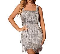 Women V Neck Roaring Fancy Sequin Mini Dress 1920s Flapper Fringe Dress Vintage Dance Dress Cocktail Party Dress Tassels Ballroom Salsa Samba Tango Latin Dance Dress Sleeveless Costume Silver