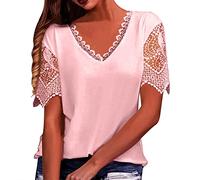 Women V Neck T-Shirt, Women's Loose V Neck T Shirt Shirt with Lace Stitching Pom Lace Solid Casual Dressy Tops Party Blouse Tee Shirts Going Out Work Office