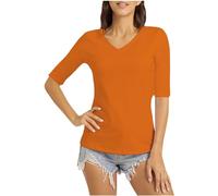 Women V-Neck T-Shirts Casual Slim Fitted Solid Half Sleeve Pullover Tops Petite Ladies Teen Girls Tshirt Lightweight Comfy Base Layer Tee Shirts for Spring Summer Fall Orange