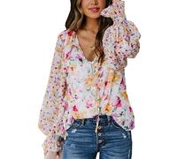 Women V Neck Tunic Tops Floral Printed Boho Shirts Long Sleeve Casual Loose Ruffle Blouse Summer Women Floral Pattern T Shirts Print Tee Loose Tops Boho V Neck Top Floral Printed Long Sleeve Blouses