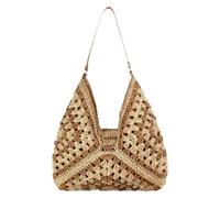 Women Vacation Shoulder Bag Large Capacity Straw Woven Tote Bag Stripes Woven Shoulder Bag All-matched Top-Handle Bag (Light Brown)