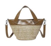 Women Vacation Straw Bag Large Capacity PU Leather Beach Bag Crossbody | Large capacity PU leather straw bag with contrasting colors, casual beach style, perfect crossbody for travel and everyday