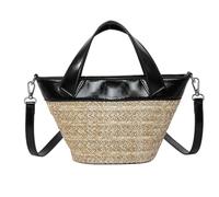 Women Vacation Straw Bag Large Capacity PU Leather Beach Bag Crossbody | Large capacity PU leather straw bag with contrasting colors, casual beach style, perfect crossbody for travel and everyday