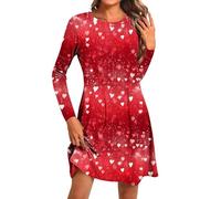 Women Valentine's Day Dresses UK Long Sleeve Casual Loose Midi Dress for Women Crew Neck Heart Print Beach Party Dresses Swing Flowy Tea Dress Cocktail Party Dance Gown