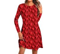 Women Valentine's Day Dresses UK Long Sleeve Casual Loose Midi Dress for Women Crew Neck Heart Print Beach Party Dresses Swing Flowy Tea Dress Cocktail Party Dance Gown