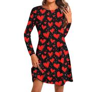 Women Valentine's Day Dresses UK Long Sleeve Casual Loose Midi Dress for Women Crew Neck Heart Print Beach Party Dresses Swing Flowy Tea Dress Cocktail Party Dance Gown