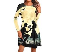 Women Valentine's Day Dresses UK Long Sleeve Casual Loose Midi Dress for Women Crew Neck Heart Print Beach Party Dresses Swing Flowy Tea Dress Cocktail Party Dance Gown