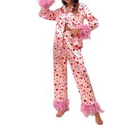 Women Valentine's Day Pajamas Set Heart Print Silk Satin Pjs Feather Trim Long Sleeve Shirt Pants Lounge Set Sleepwear (A-Pink, M)