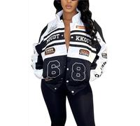 Women Varsity Jacket Motorcycle Detachable Letter Graphic Racer Vintage Colorblock Baseball Coats Streetwear, Black, Large