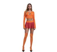 Women Velma Costume Adult Long Sleeve Orange Crop Top Red Mini Skirt Set | Halloween Scooby Doo Cosplay Outfit Group Halloween Costumes Outfit Set