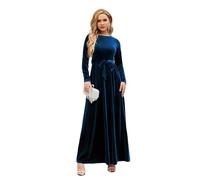 Women Velvet Christmas Dress A-Line Long Sleeve Round Neck Fall Winter Dress Elegant Wedding Party Cocktail Evening Dress with Belt Dark Blue M