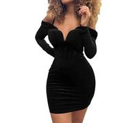 Women Velvet Dress Sexy Off Shoulder V Neck Bodycon Mini Dress Mesh Long Sleeve Cocktail Short Dress (XXL,Black)