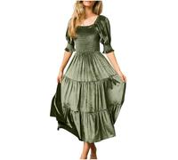 Women Velvet Dress Square Neck Mermaid Evening Party Dress Wedding Guest Outfits Ladies Clubbing Prom Dresses Ruffle Short Sleeve Cocktail Dress Swing Maxi Dresses Army Green