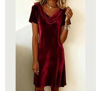 Women Velvet Dress Swing Collar Short Sleeves Solid Color Mid-Length Skirt Polyester Spandex Wine Red Gold Navy Blue Purple Green Figure-Flattering(XL Wine Red)