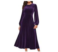 Women Velvet Long Sleeve Maxi Swing Dress Elegant Winter Party Long Dresses 80s Fancy Dress Pleated Dress Ladies Wedding Guest Gown Plus Size S-5XL Purple
