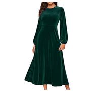 Women Velvet Long Sleeve Maxi Swing Dress Elegant Winter Party Long Dresses 80s Fancy Dress Pleated Dress Ladies Wedding Guest Gown Plus Size S-5XL Army Green