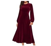 Women Velvet Long Sleeve Maxi Swing Dress Elegant Winter Party Long Dresses 80s Fancy Dress Pleated Dress Ladies Wedding Guest Gown Plus Size S-5XL Wine