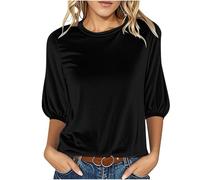 Women Velvet Shirts 3/4 Sleeve Blouse Elegant Basic Tunic Tops Classic Loose Tee Shirts Solid Casual Pullover Blouse Retro Oversized Velour Shirt Party Work Tops, UK Size S-3XL Black
