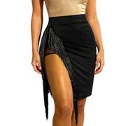 Women Versatile Slit High Waist Dynamic Tassel Latin Dance Skirt for Performance Salsa Dance Costumes with Underpants Black