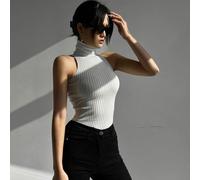 Women Vest Knitted Sleeveless Tank Top Off Shoulder Turtleneck Summer Casual Top Suitable for Vacation Daily Club and Holiday (White)