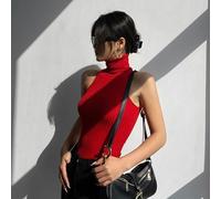 Women Vest Knitted Sleeveless Tank Top Off Shoulder Turtleneck Summer Casual Top Suitable for Vacation Daily Club and Holiday (Red)