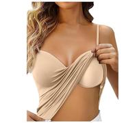 Women Vest Top UK with Built in Padded Bra Adjustable Spaghetti Strap Deep V Neck 2 in 1 Camisole Ladies Wirefree Support Yoga Pilates Sports Tank Top Basic Sleeping Traveling Cami Undershirt Beige
