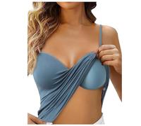 Women Vest Top UK with Built in Padded Bra Adjustable Spaghetti Strap Deep V Neck 2 in 1 Camisole Ladies Wirefree Support Yoga Pilates Sports Tank Top Basic Sleeping Traveling Cami Undershirt Blue