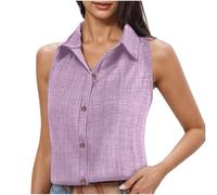 Women Vest Tops Button Down Shirts Casual Sleeveless Tank Top Ladies Summer Shirt Elegant Turndown Collar Vests Solid Color Casual Loose Fit Collared Blouse Cotton Linen Blouses