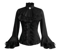 Women Victorian Blouse Vintage Gothic Lolita Shirt Pirate Long Sleeve Lace Ruffles Renaissance Medieval Shirts Medium Black