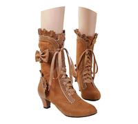 Women Victorian Boots Chunky Heels Lace up Cute Bow Knot Cosplay Costumes Witch Medieval Renaissance Mid-Calf Goth Boots Vintage Gothic Character Dance Kawaii Lolita Shoes