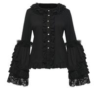 Women Victorian Edwardian Lace Flared Sleeves Blouse Gothic Lolita Shirt Button Down Long Sleeve Pirate Renaissance Ruffle Tops