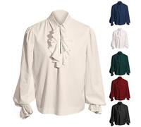 Women Victorian Lace Shirt Sale Clearance Ladies Medieval Costume Ruffle T-Shirts Long Sleeve Blouse Lapel Pullover Renaissance Viking Steampunk Cosplay Tops Halloween Clothing Pirate T-Shirt White