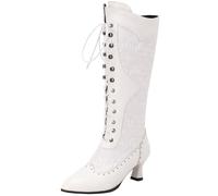 Women Victorian Vintage Knee High Boots Kitten Heel Pointed Toe Lace Up Knee Length Boots Pull On Long Boot(White,10 UK)