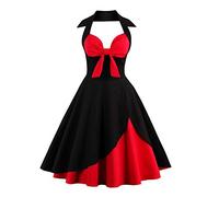 Women Vintage 1950s Rockabilly Swing Dress 50s Pinup Retro Hepburn Style A-Line Halterneck Floral Dresses, Black, X-Large