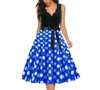 Women Vintage 1950s Rockabilly V Neck Polka Dot Summer Swing A Line Midi Dress Cocktail Party Evening Prom Gown Cocktail Dress Elegant for Wedding Vintage Gifts for Her,Blue,M,UK11A