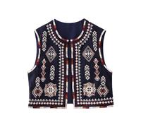 Women Vintage Boho Floral Embroidered Gilets Sleeveless Crop Cardigan Tops Open Front Vest Outwear Jackets (X1-Navy Blue, M)