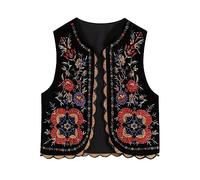 Women Vintage Boho Floral Embroidered Gilets Sleeveless Crop Cardigan Tops Open Front Vest Outwear Jackets (Floral Black, S)