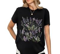 Women Vintage Boho Floral Wildflowers Tshirts Girls Graphic Tees Short Sleeve Tops, Black-3-lavender, M