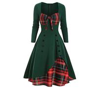 Women Vintage Casual Plaid Print Gothic Dress Waist Contrast Splicing Double Breasted Swing Dress Ladies Summer Knee-Length 38, Green, M