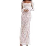 Women Vintage Cream Lace Maxi Dress Romantic Long Sleevees Lace Bodycon Dress, Cream-white, M