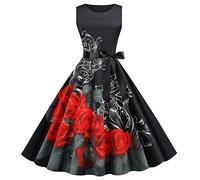 Women Vintage Dress 1950s A Line Swing Cocktail Party Dress Floral Print Sleeveless Retro Tank Dresses Swing Flowy Tea Dress Audrey Hepburn 50s 60s Dance Gown with Belt
